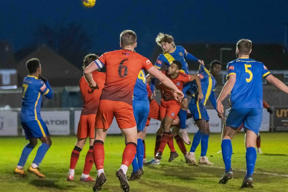 Mark Jones scores for Peterborough Sports against Basford United in the third round of the FA Trophy. Photo: James Richardson.