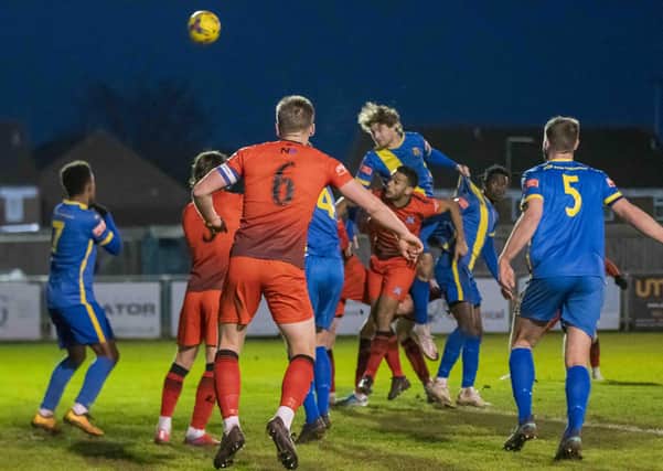 Mark Jones scores for Peterborough Sports against Basford United in the third round of the FA Trophy. Photo: James Richardson.