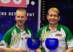 World Indoor Bowls 2020 Men's Doubles Champions Nicky Brett (left) and Greg Harlow. Photo: Don Hemp, Photowizards.