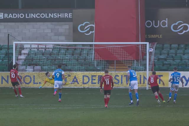 Lincoln City's Jorge Grant fires his second-half penalty wide in the League One game against Posh. Photo: Joe Dent/theposh.com.