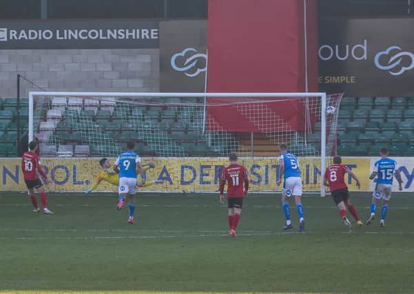 Lincoln City's Jorge Grant fires his second-half penalty wide in the League One game against Posh. Photo: Joe Dent/theposh.com.