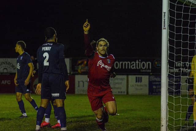 Rob Morgan celebrates scoring the only goal of the game for Stamford AFC against Kidderminster Harriers in the FA Trophy third round. Photo: Dan Allen.