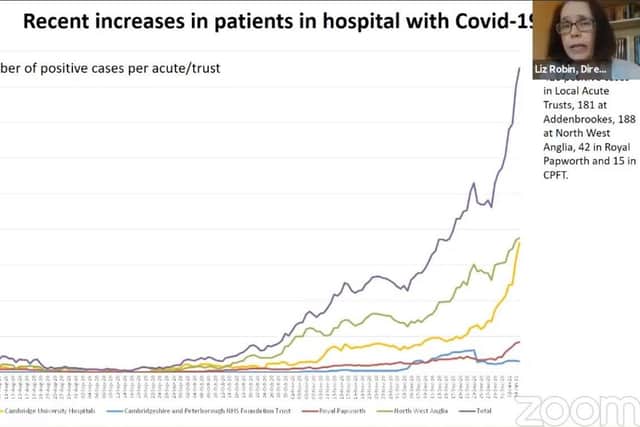 Dr Liz Robin highlighting the rise in Covid patient numbers in the region to the  Outbreak Engagement Board meeting.