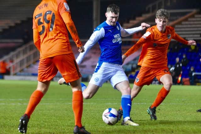 Jack Taylor fires Posh in front against Portsmouth. Photo: David Lowndes.