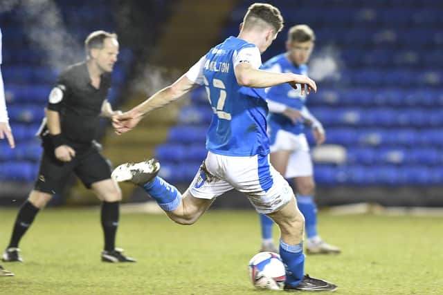Ethan Hamilton makes it Posh 5, Portsmouth 0. Photo: David Lowndes.