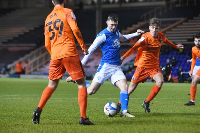 Jack Taylor scores for Posh against Portsmouth in the EFL Trophy. Photo: David Lowndes.