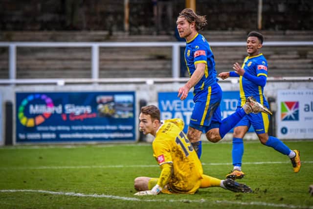 Mark Jones scores the only goal of the game for Peterborough Sports at Bath City. Photo: James Richardson.