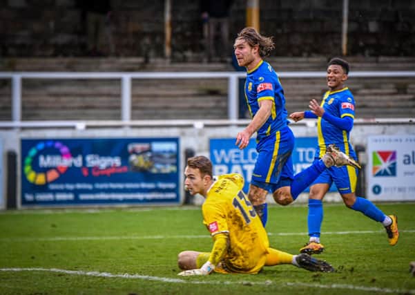 Mark Jones scores the only goal of the game for Peterborough Sports at Bath City. Photo: James Richardson.