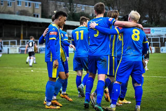 The Peterborough Sports players celebrate their goal at Bath. Photo: James Richardson.