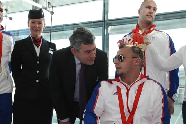 UK Prime Minister Gordon Brown meets Great British Paralympian shooter Matt Skelhon of  after his return from Beijing.