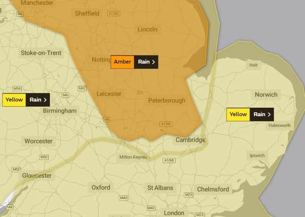 The Met Office amber warning for heavy rain covering Peterborough.