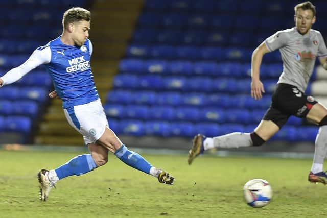 Sammie Szmodics scores his first goal for Posh against Charlton. Photo: David Lowndes