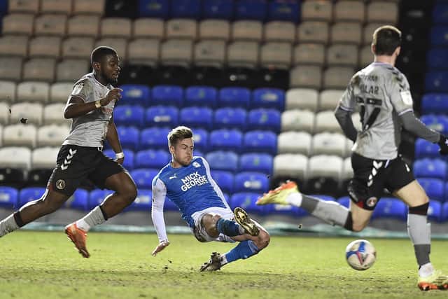 Sammie Szmodics scores to put Posh 2-1 up against Charlton. Photo: David Lowndes.