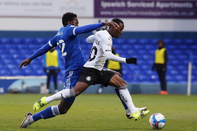 Siriki Dembele in action for Posh at Ipswich on Saturday. Photo: Joe Dent/theposh.com.