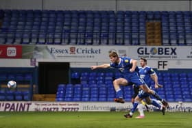 The only goal of the game between Ipswich and Posh is scored into his own net by home defender Mark McGuinness. Photo: Joe Dent/theposh.com.