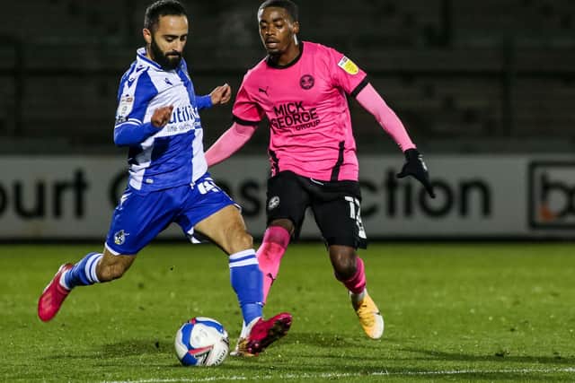 Erhun Oztumer in action for Bristol Rovers against Posh earlier this season.