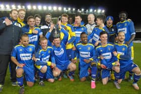 Peterborough Sports after beating Netherton United in the final of the 2016 Northants Junior Cup. Jimmy Dean has the trophy on his head.