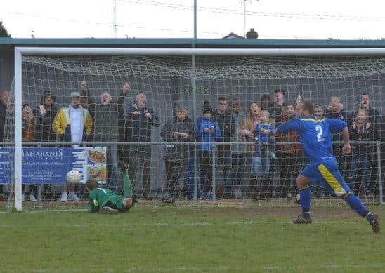 Olly Medwynter scores the penalty that sealed victory in the 2016 UCL Cup Final for Sports against Holbeach.