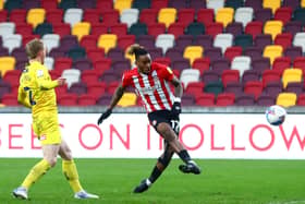 Ivan Toney scores his first goal for Brentford against Wycombe. Photo: Clive Rose Getty Images.
