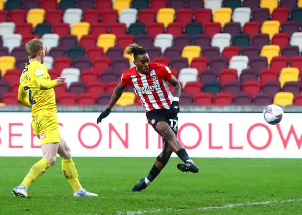 Ivan Toney scores his first goal for Brentford against Wycombe. Photo: Clive Rose Getty Images.