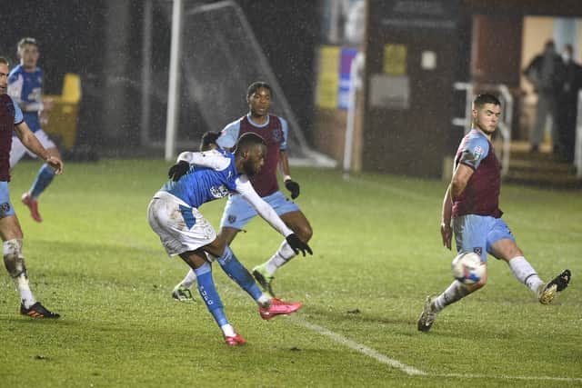Mo Eisa scores for Posh against West Ham Under 21s earlier this season.