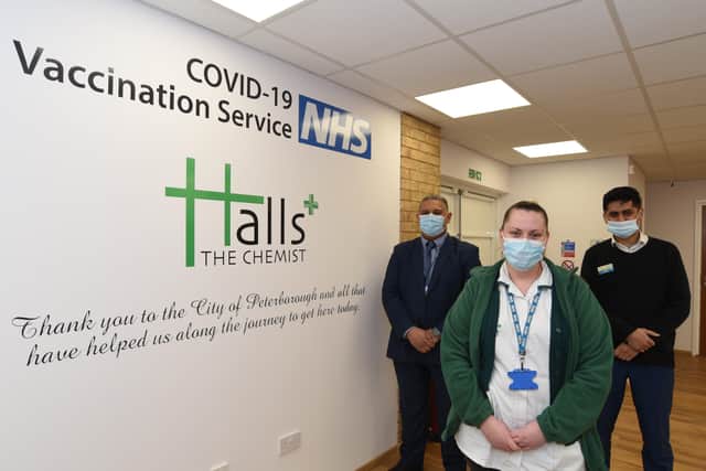 Lead Pharmacist Shabbir Damani (left), Supervisor Annabelle Taylor (centre) and Pharmacist Shakir Sacranie (right) at the Orton Wistow Halls the Chemist Covid 19 vaccination clinic.