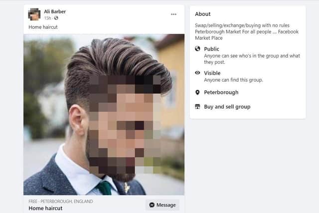 One of the haircuts for sale on Facebook under the name Ali Barber- clearly a fake name designed to mislead.