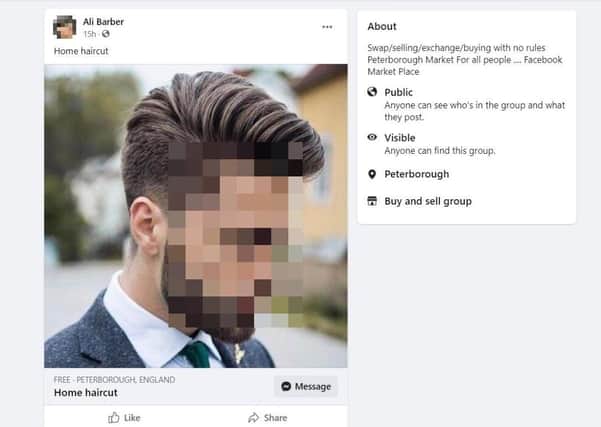 One of the haircuts for sale on Facebook under the name Ali Barber- clearly a fake name designed to mislead.