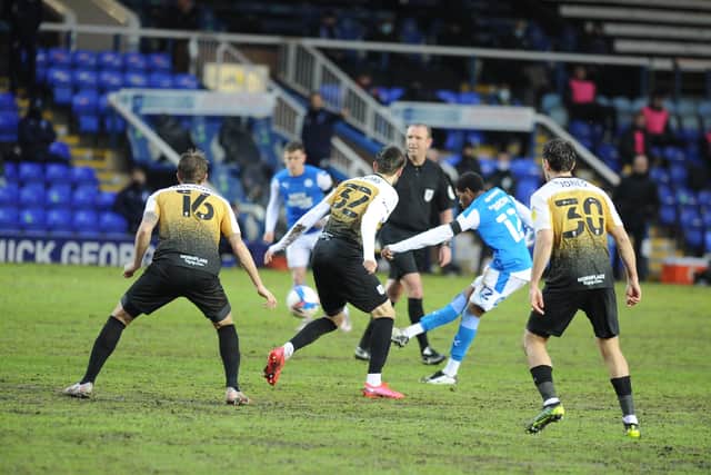 Reece Brown takes a shot for Posh against Crewe. Photo: David Lowndes.