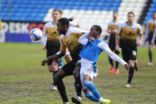 Sirikie Dembele in action for Posh against Crewe. Photo: David Lowndes.