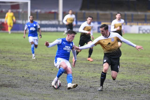Sammie Szmodics (left) in action for Posh against Crewe. Photo: David Lowndes.