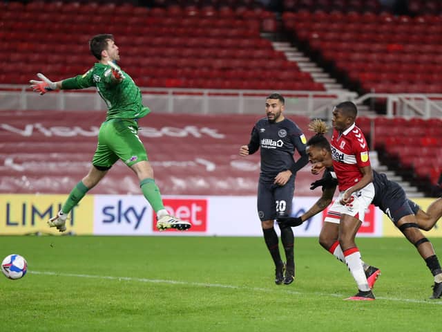 Ivan Toney scores for Posh at Brentford. Photo: George Wood, Getty Images.