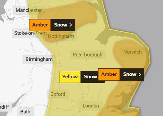 The extent of the Met Office yellow weather warning covering the Peterborough area.