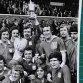 The Posh squad celebrate their 1973-74 Division Four title win. Captain John Cozens is holding teh trophy aloft.