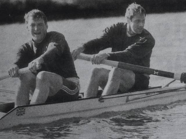 Olympic gold medal winners Steve Redgrave and Matthew Pinsent in action on the River Nene.