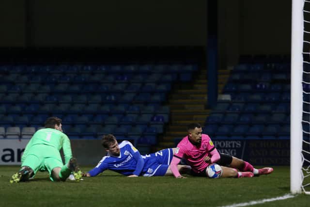 Jonson Clarke-Harris scrambles home the Posh equaliser at Gillingham. Photo: Joe Dent/theposh.com.