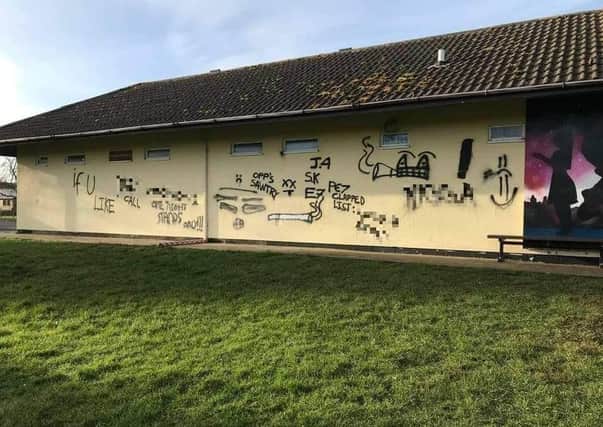 Graffiti on the pavilion building on Middletons Recreation Ground, Yaxley.