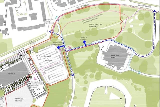 A site plan for the new university, including the proposed car park
