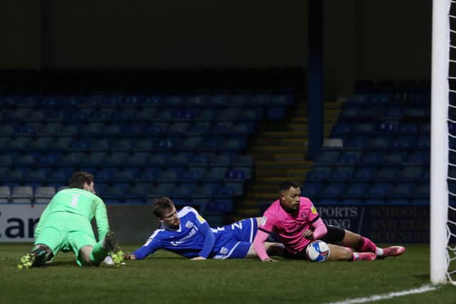 Jonson Clarke-Harris scrambled the ball home against Gillingham here. Photo: Joe Dent/theposh.com.