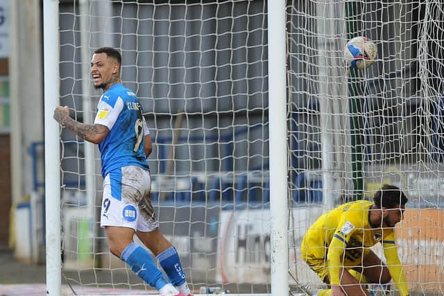 Posh striker Jonson Clarke-Harris has just scored against AFC Wimbledon to make it 20 goals for the season. Photo: David Lowndes.