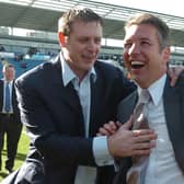 Posh chairman Darragh MacAnthony and manager Darren Ferguson celebrate promotion to the Championship after a 2009 win at Colchester.