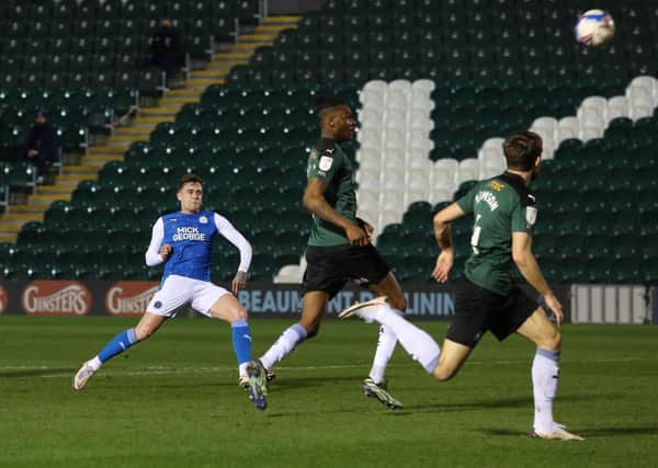 Sammie Szmodics of Peterborough United struck this chance over the bar at Plymouth. Photo: Joe Dent/theposh.com.