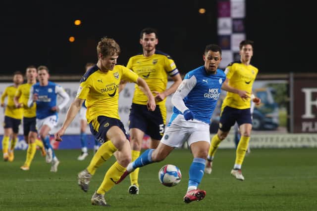 Jonson Clarke-Harris in action for Posh at Oxford last night. Photo: Joe Dent/theposh.com.