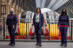 LNER drivers (from left) Trudi Kinchella (Newcastle, who has been driving for nearly 28 years), Apprentice Driver Vandana Mungur (Peterborough, training in York) and Driver Mena Sutharsan (London). Photo: LNER/Charlotte Graham. EMN-210503-124023001
