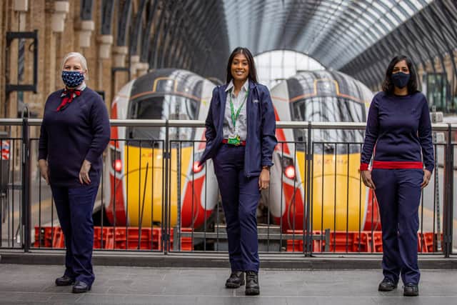 LNER drivers (from left) Trudi Kinchella (Newcastle, who has been driving for nearly 28 years), Apprentice Driver Vandana Mungur (Peterborough, training in York) and Driver Mena Sutharsan (London). Photo: LNER/Charlotte Graham. EMN-210503-124023001