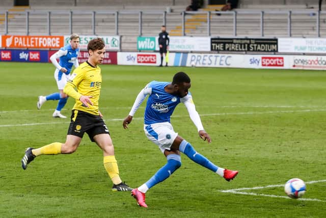 Mo Eisa missed this chance to score for Posh at Burton. Photo: Joe Dent/theposh.com.