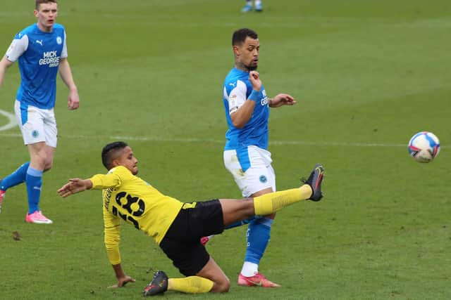 Posh striker Jonson Clarke-Harris in action at Burton. Photo: Joe Dent/theposh.com.