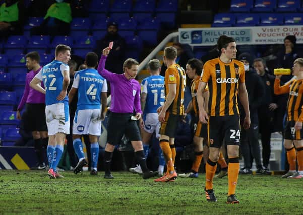 Ethan Hamilton of Peterborough United is sent off against Hull City. Photo: Joe Dent/theposh.com.