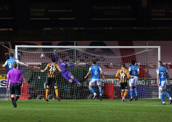 Christy Pym of Peterborough United cant prevent Hull City from scoring the equalising goal - Mandatory by-line: Joe Dent/JMP - 09/03/2021 - FOOTBALL - Weston Homes Stadium - Peterborough, England - Peterborough United v Hull City - Sky Bet League One