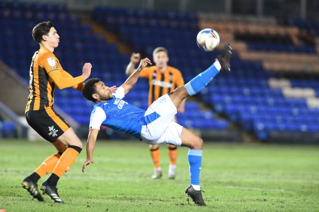Posh defender Nathan Thompson tries an overhead kick against Hull City. Photo: David Lowndes.